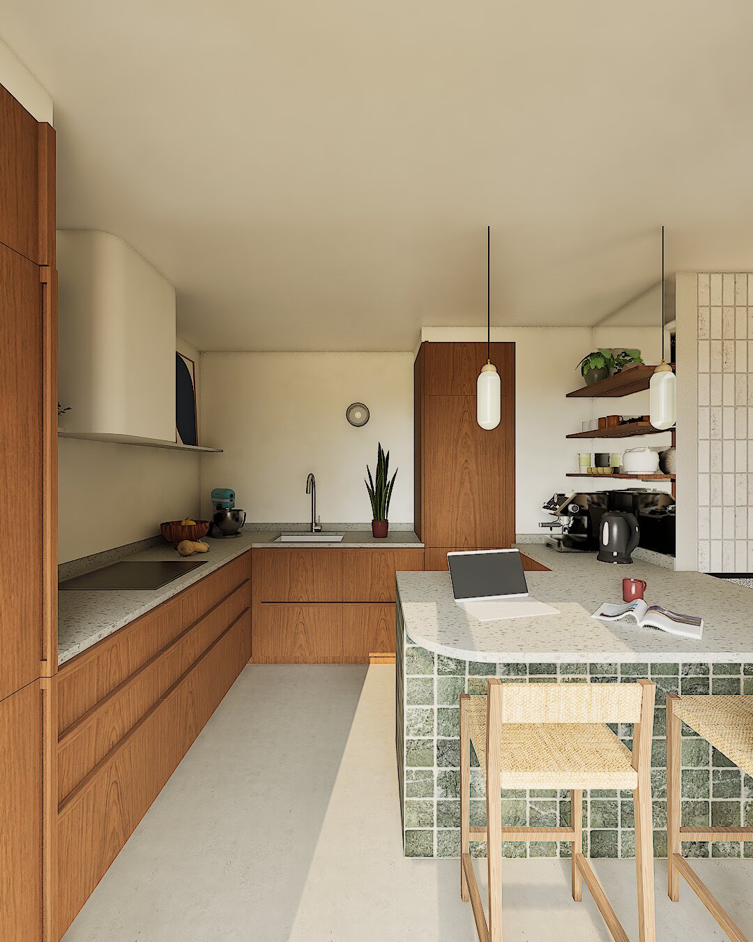 Grande cuisine moderne épurée et ouverte avec ilot central en faience marbre vert et façades bois de noyer