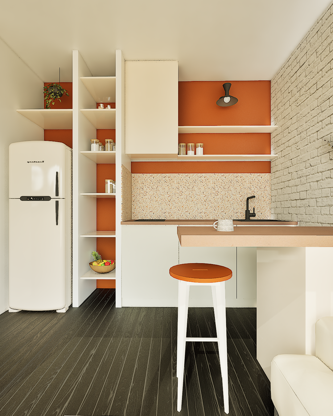 coin cuisine avec parquet noir, frigo vintage, terrazzo et terracotta, espace optimisé pour un studio