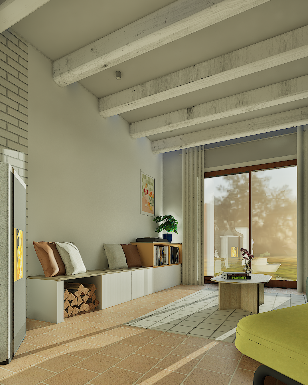 salon baigné de lumière au style cottage minimaliste avec des couleurs chaudes