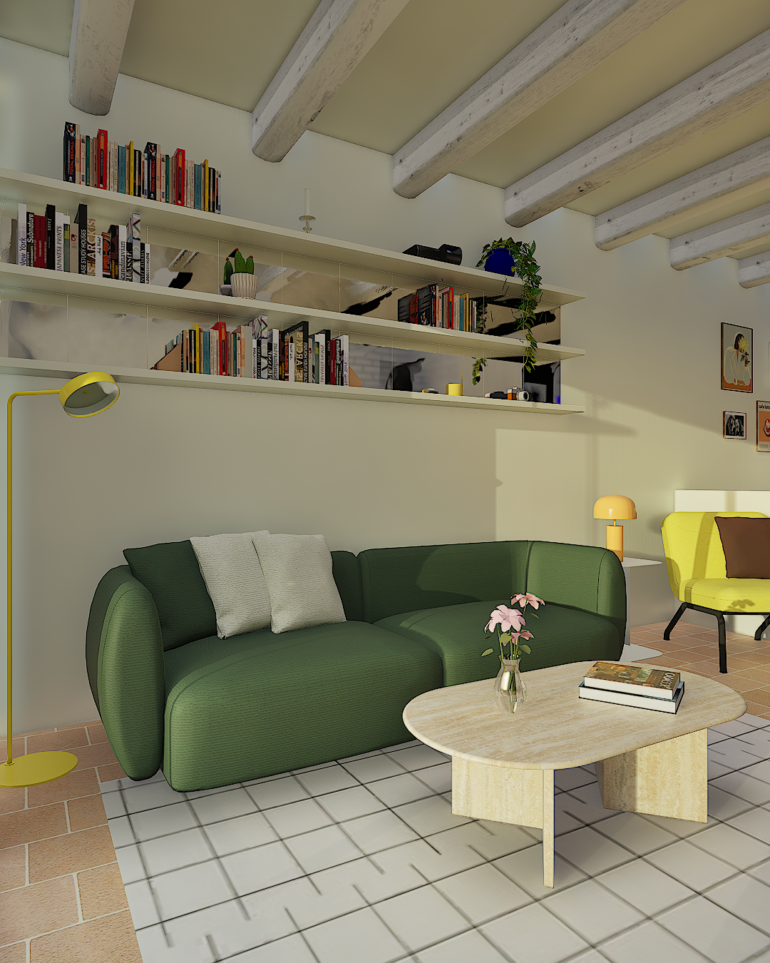 bibliothèque avec étagères et miroirs au dessus du canapé vert dans un salon coloré et cosy