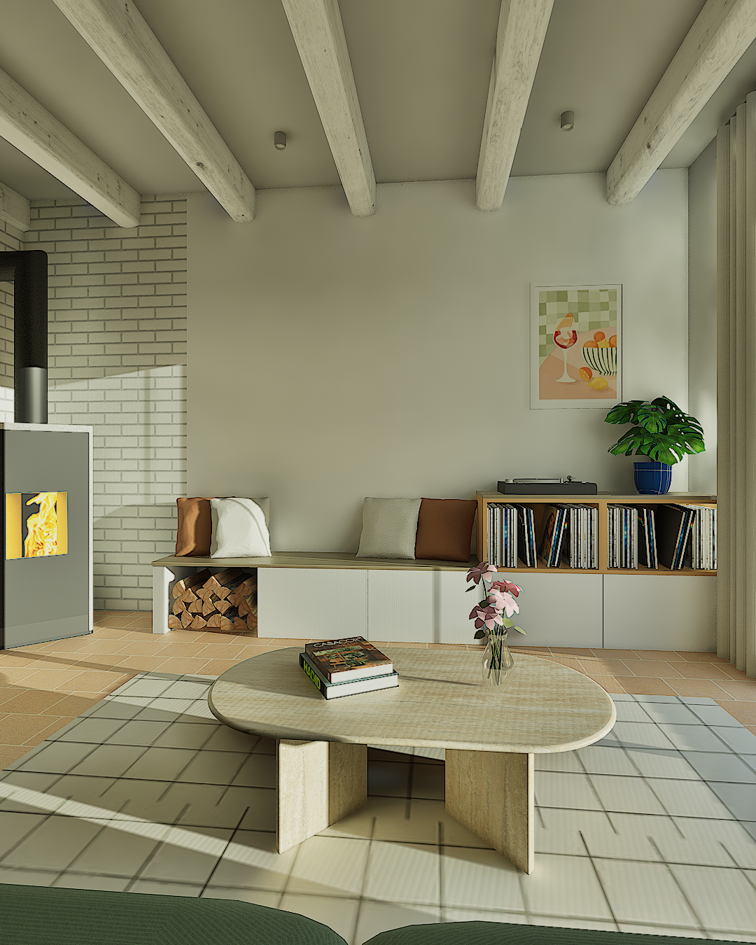 banquette d'appoint et meuble à vinyles dans un salon style cottage minimaliste