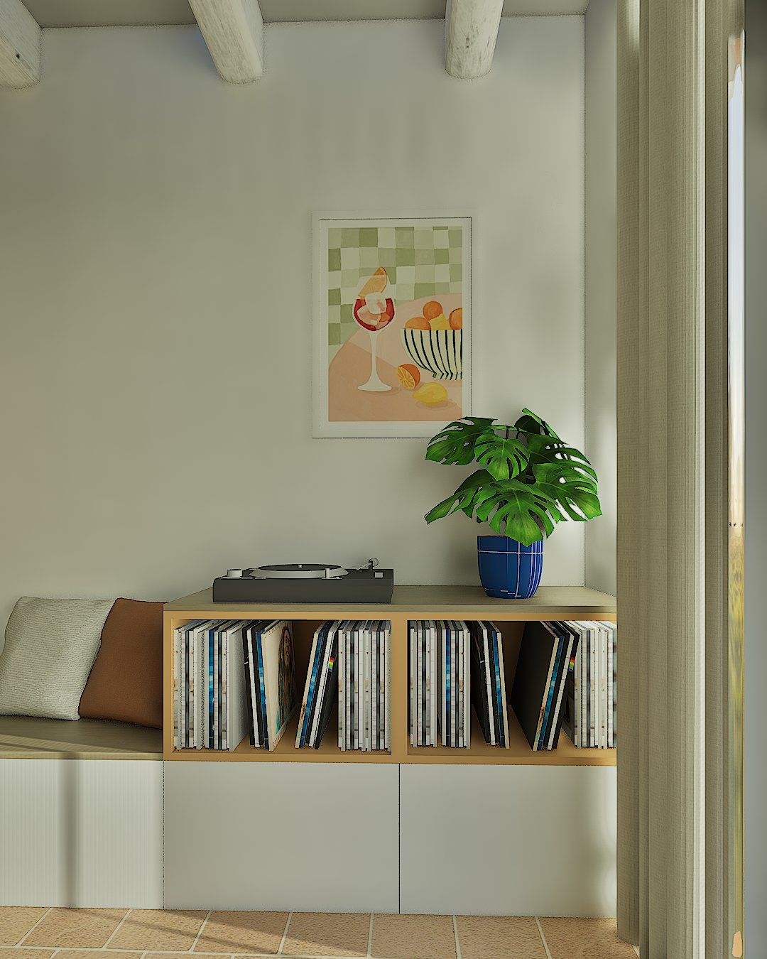 meuble à vinyles discret et intégré avec rangements et banquette