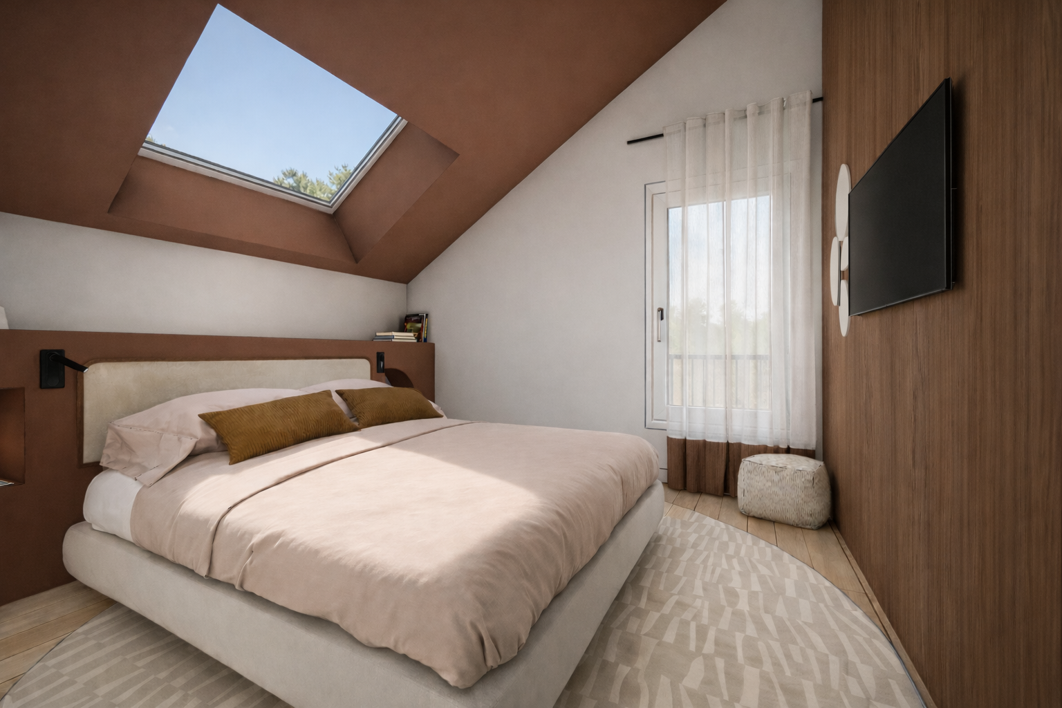 chambre souspente plafond coloré terracotta mur de bois décoration enveloppante