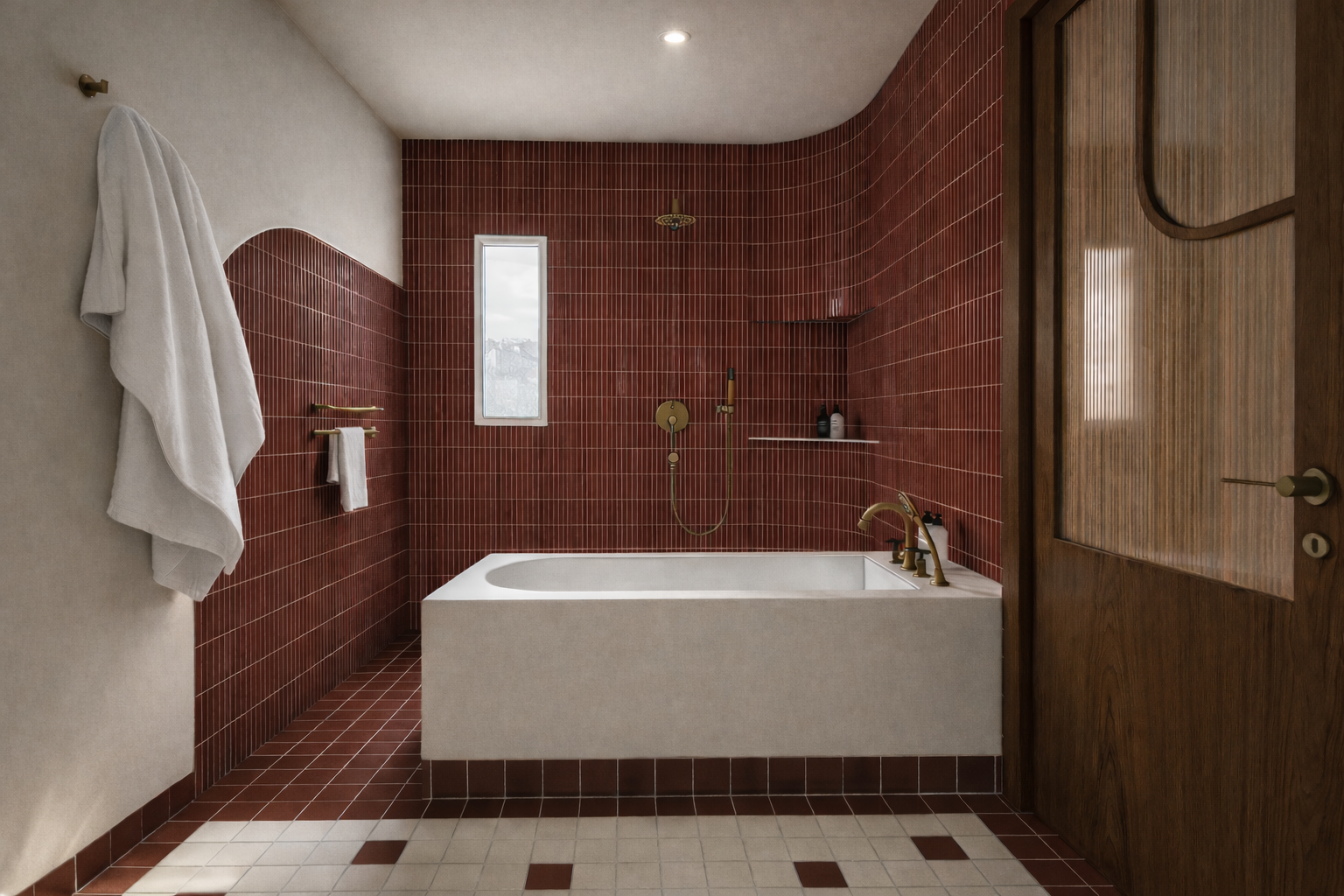 salle de bain avec douche a l'italienne carrelage bordeaux vintage