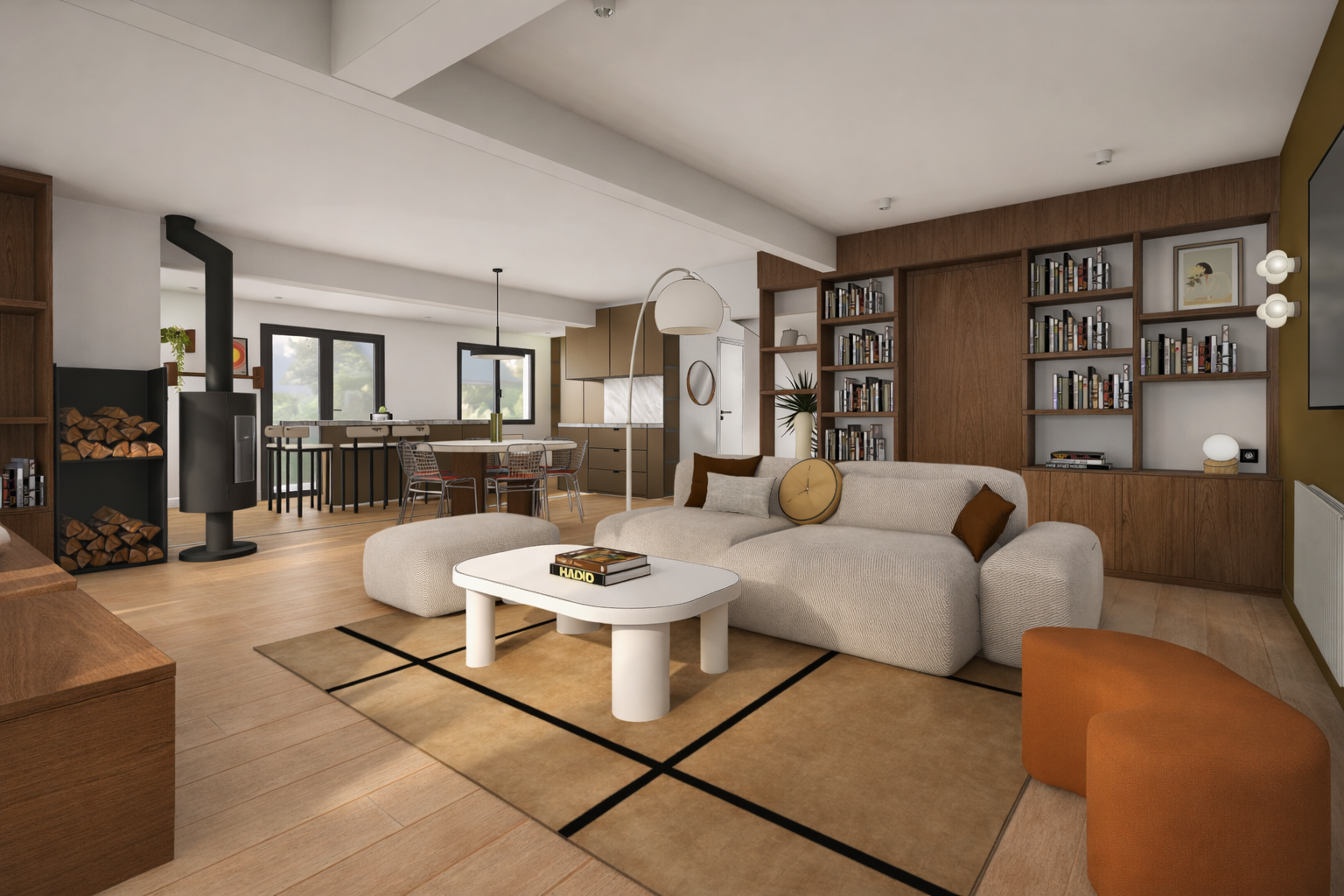 pièce de vie design retro années 70 salon avec bibliothèque