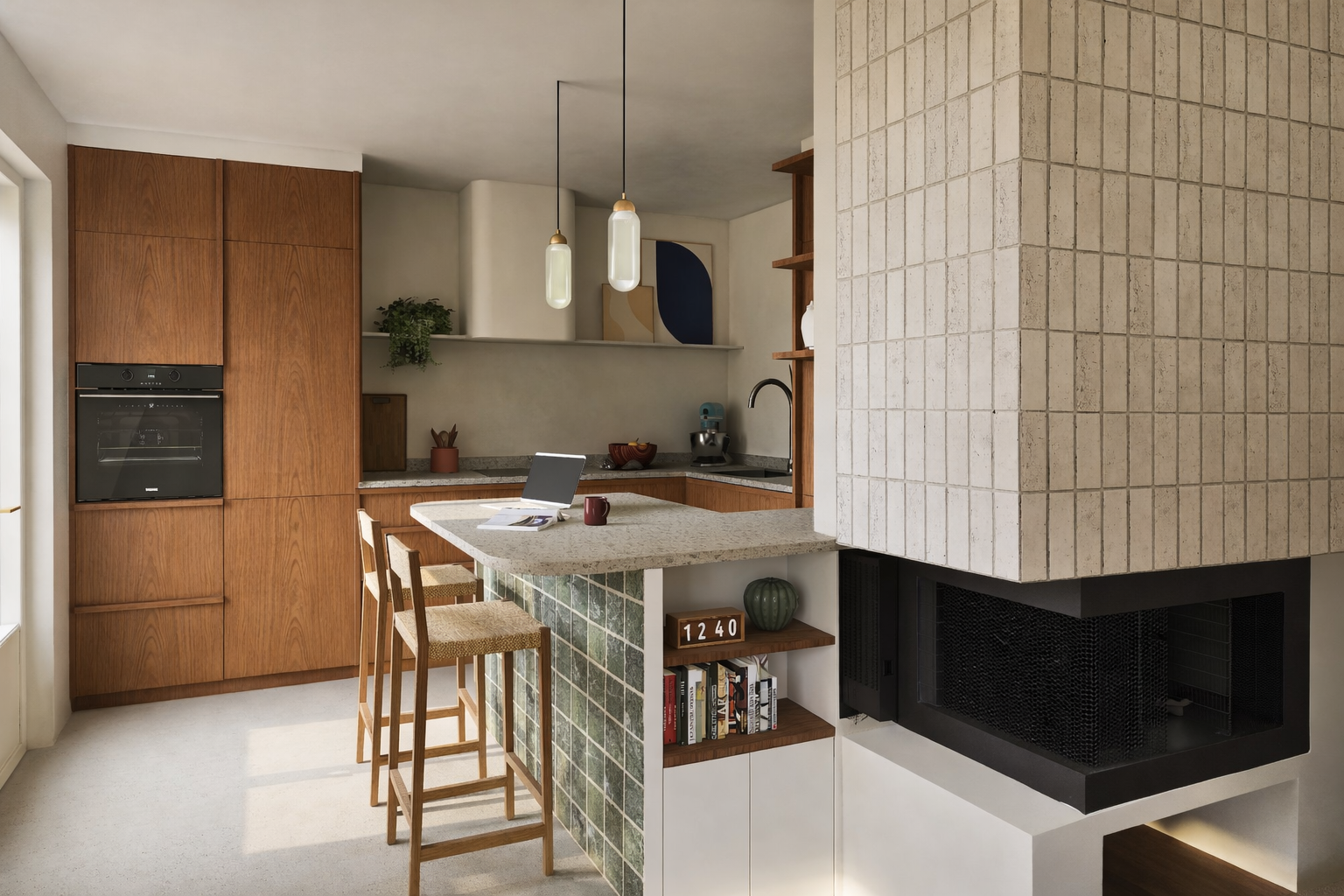 Cuisine bois et granito retro avec ilot