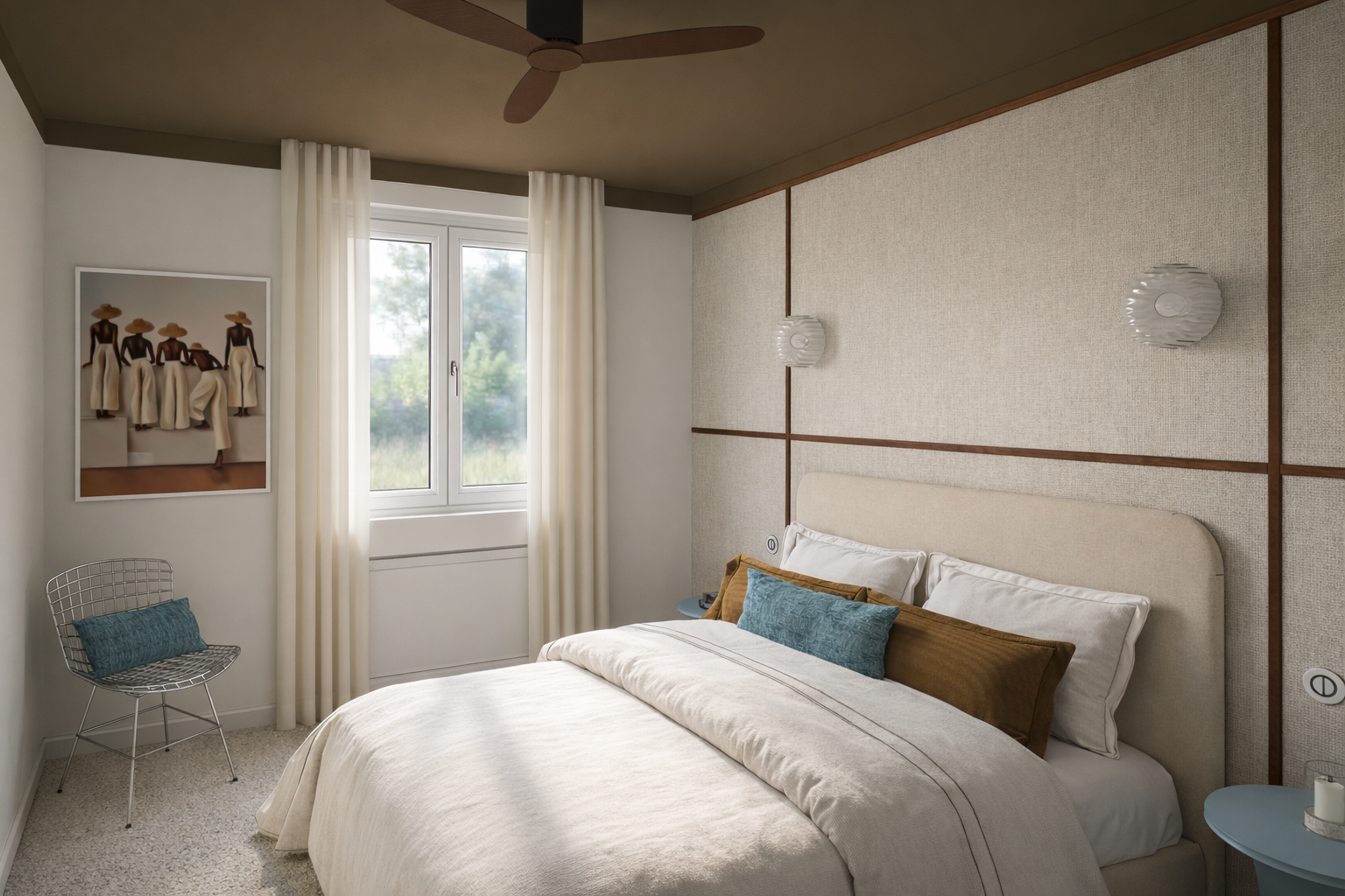 chambre double avec plafond. peint en bronze et décoration retro style australien