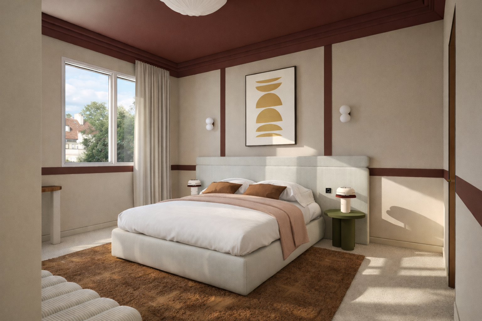 chambre plafond bordeaux lit double moquette et tapis ocre decoration vintage